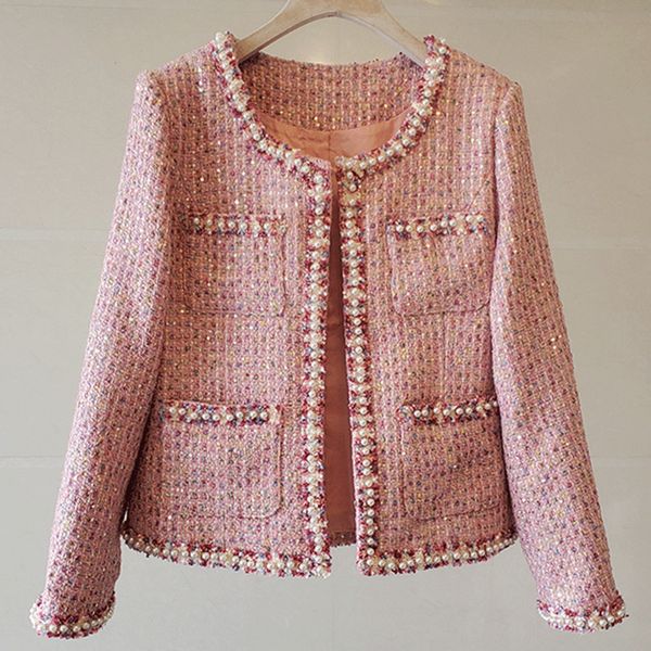 fashion beaded coat womens autumn winter korean style single-breasted long sleeve slim fit elegant tweed pink jacket, Black;brown
fashion beaded coat womens autumn winter korean style single-breasted long sleeve slim fit elegant tweed pink jacket, Black;brown