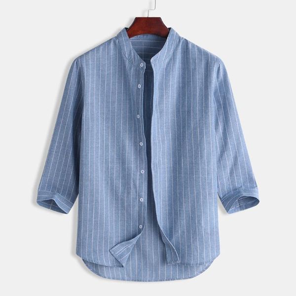 men's casual shirts summer striped stand collar 7 points sleeve button linen blouses loose camisas hombre, White;black
men's casual shirts summer striped stand collar 7 points sleeve button linen blouses loose camisas hombre, White;black
