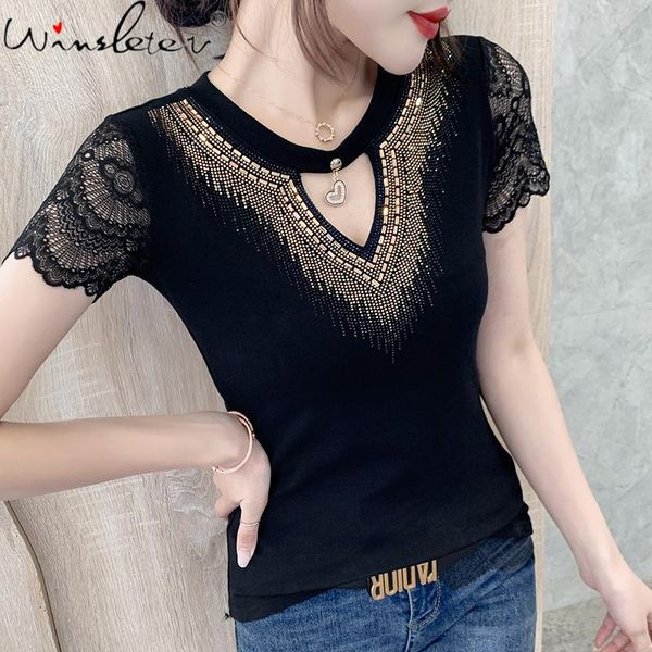 women's t-shirt summer european style cotton fashion hollow out shiny diamond chain women casual slim all match tees t13902a, White
women's t-shirt summer european style cotton fashion hollow out shiny diamond chain women casual slim all match tees t13902a, White