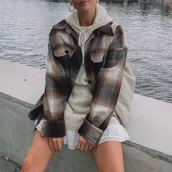 vangull plaid women wool blouse long sleeve checked oversized woolen shirt turn down collar thick ladies vintage chic 9l41, White
vangull plaid women wool blouse long sleeve checked oversized woolen shirt turn down collar thick ladies vintage chic 9l41, White