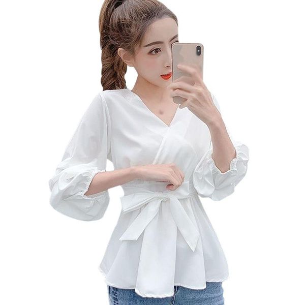 women's blouses & shirts spring shirt women v-neck three-quarter sleeves waist pleated western style blouse, White
women's blouses & shirts spring shirt women v-neck three-quarter sleeves waist pleated western style blouse, White