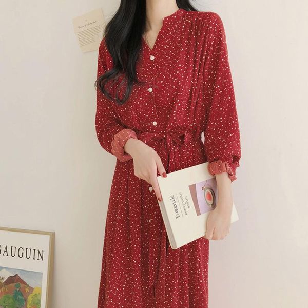 casual dresses stand collar front buttons women dress elegant lace up dots print female long 2021 high waist chiffon vestidos, Black;gray
casual dresses stand collar front buttons women dress elegant lace up dots print female long 2021 high waist chiffon vestidos, Black;gray