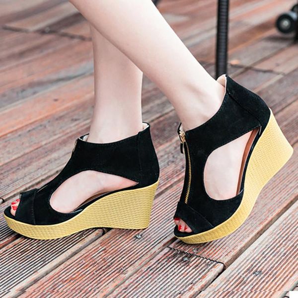 summer women fish mouth wedges suede leather ankle platform sandals for ladies high heel fashion rome zipper chunky shoes, Black
summer women fish mouth wedges suede leather ankle platform sandals for ladies high heel fashion rome zipper chunky shoes, Black