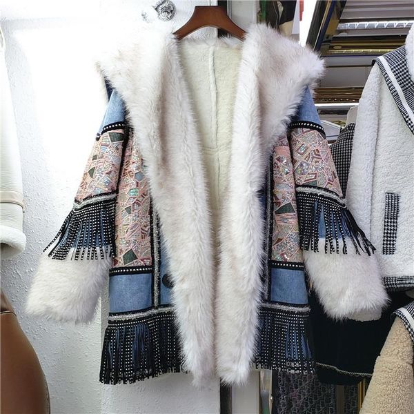 women's fur & faux heavy work sequin rivet tassel hood big collar winter warm women coat streetwear casual loose long sleeve female out, Black
women's fur & faux heavy work sequin rivet tassel hood big collar winter warm women coat streetwear casual loose long sleeve female out, Black