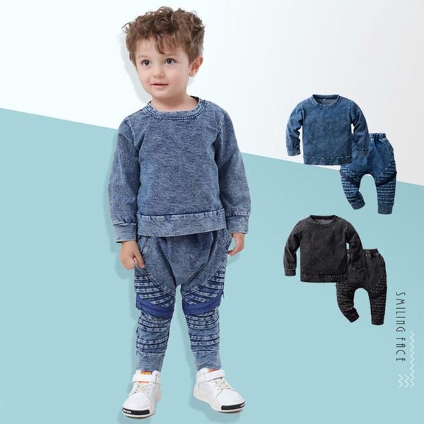 clothing sets 2021 fashion baby boy denim pleated pants round collar long sleeves patchwork jogger sports side pockets trousers, White