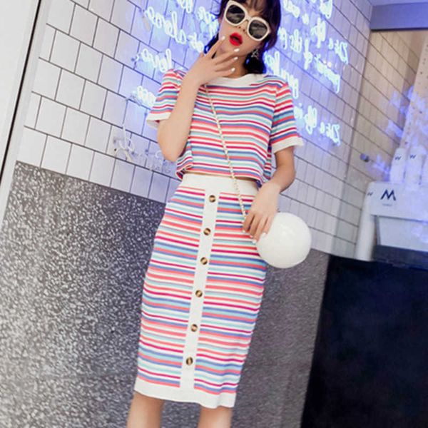 two piece dress summer korean vintage rainbow striped knitted crop skirt set 2 outfits for women matching sets wide, White
two piece dress summer korean vintage rainbow striped knitted crop skirt set 2 outfits for women matching sets wide, White