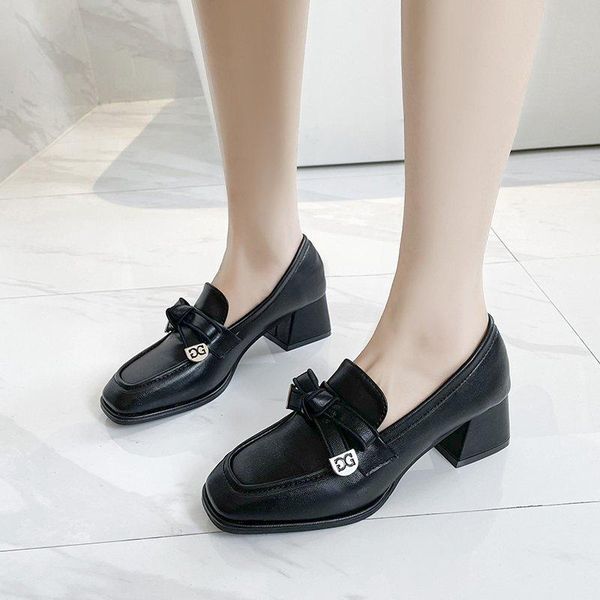 dress shoes high heels women spring 2021 square toe leather with bowtie chunky loafers single, Black