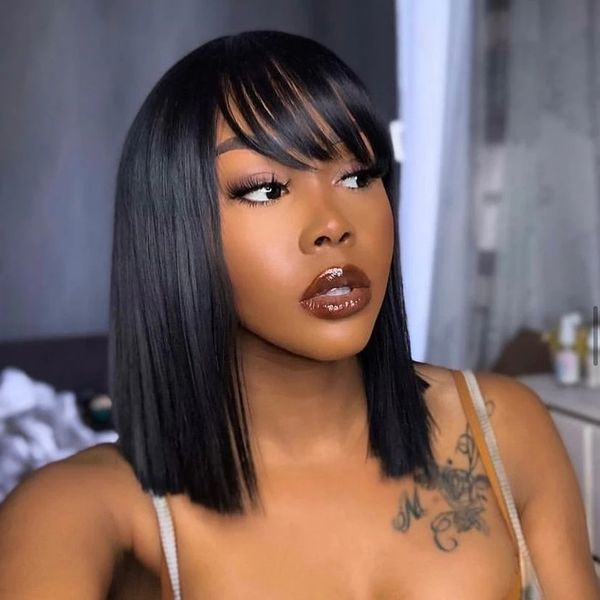 short bob wig with bangs silky straight brazilian virgin human hair wigs for black women glueless full machine made, Black;brown
short bob wig with bangs silky straight brazilian virgin human hair wigs for black women glueless full machine made, Black;brown