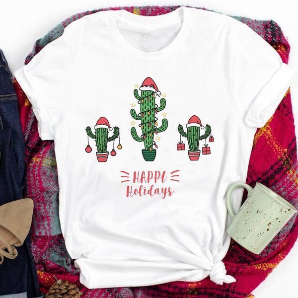 women lady tees cactus plant funny new year happy holiday merry christmas print tshirt clothes graphic female t t-shirt, White