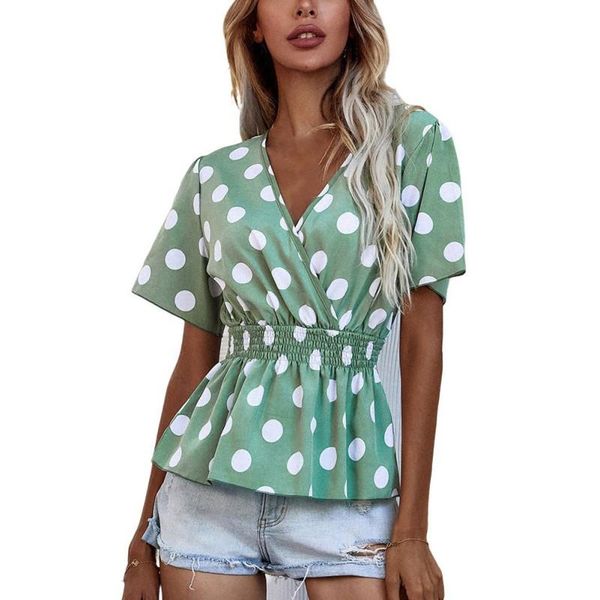 women's blouses & shirts summer waist v-neck short sleeve casual loose dot print, White
women's blouses & shirts summer waist v-neck short sleeve casual loose dot print, White