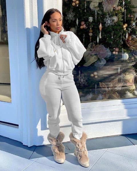 women's two piece pants rmsfe 2021 autumn and winter women fashion trend stand collar sweater plush fabric sports leisure set, White 
women's two piece pants rmsfe 2021 autumn and winter women fashion trend stand collar sweater plush fabric sports leisure set, White