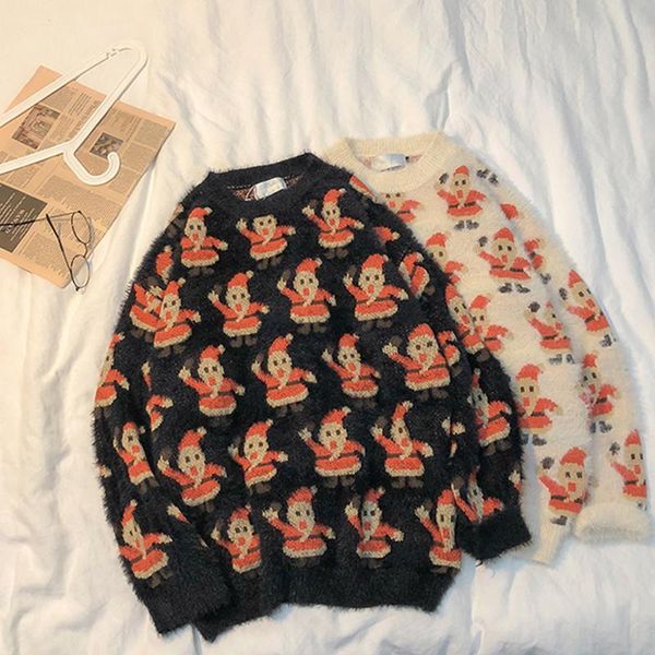 women's sweaters 2021 japanese retro harajuku style santa embroidered sweater crew neck pullover couple men and women loose drop, White;black
women's sweaters 2021 japanese retro harajuku style santa embroidered sweater crew neck pullover couple men and women loose drop, White;black