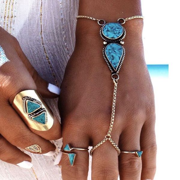 bohemian wind beach ethnic turquoise finger chain hand jewelry, Silver 
bohemian wind beach ethnic turquoise finger chain hand jewelry, Silver