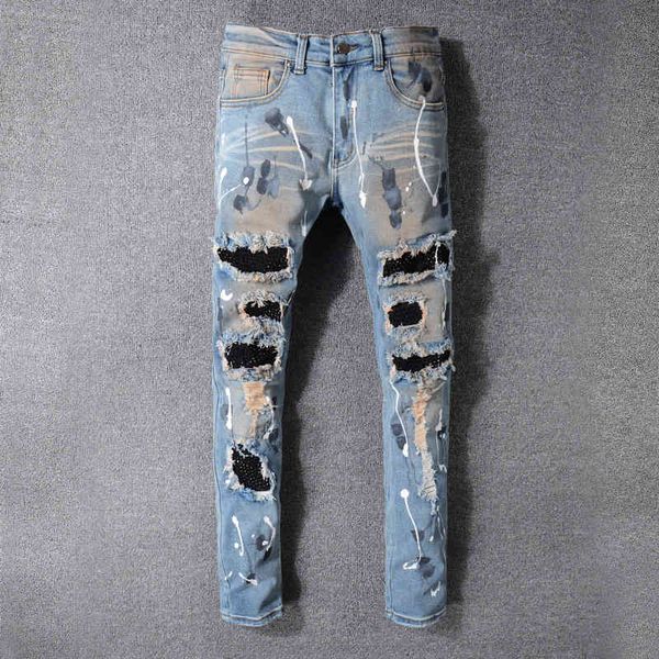 men's jeans fashion streetwear men retro blue dirty wash painted designer patchwork punk denim trousers hip hop destroyed ripped p
men's jeans fashion streetwear men retro blue dirty wash painted designer patchwork punk denim trousers hip hop destroyed ripped p
