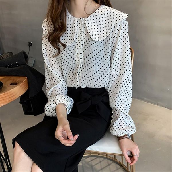 women long sleeve elegant shirts cartoon dot print vintage blouses doll collar single-breasted loose, White
women long sleeve elegant shirts cartoon dot print vintage blouses doll collar single-breasted loose, White