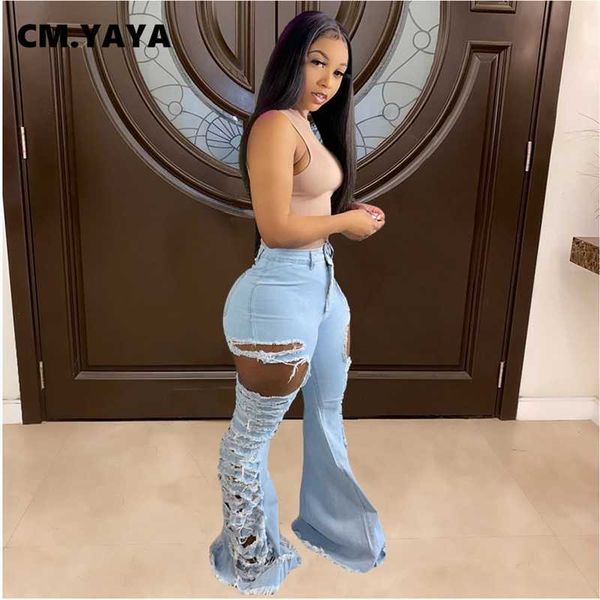 cm.yaya women jeans mid waist ripped elastic sheath full length denim flare pants female fashion casual trousers summer 210927, Blue
cm.yaya women jeans mid waist ripped elastic sheath full length denim flare pants female fashion casual trousers summer 210927, Blue
