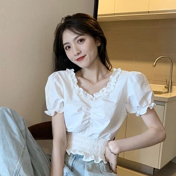 women's blouses & shirts ruffles v neck puff sleeve pleated design women summer sweet chic slim waist solid elegant temperament blouse, White
women's blouses & shirts ruffles v neck puff sleeve pleated design women summer sweet chic slim waist solid elegant temperament blouse, White