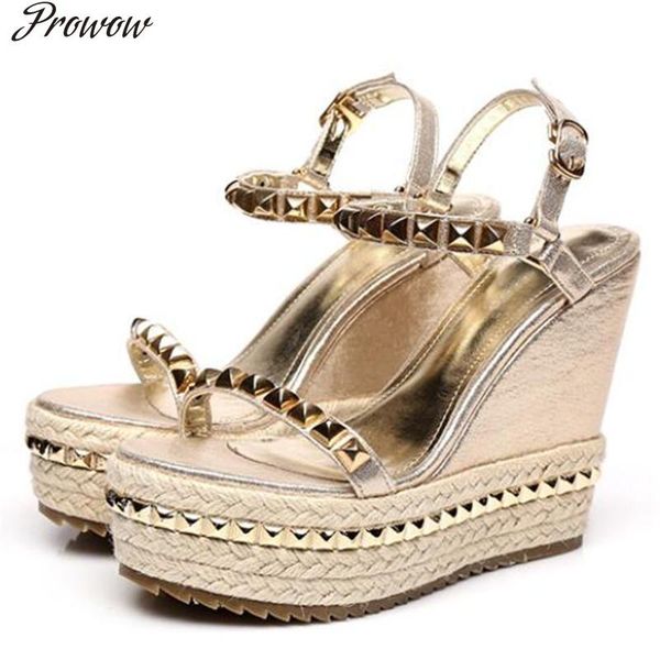 prowow luxury design fashion sandals women golden rivets wedge heel shoes women platform high heels studded rivets sandal woman, Black
prowow luxury design fashion sandals women golden rivets wedge heel shoes women platform high heels studded rivets sandal woman, Black