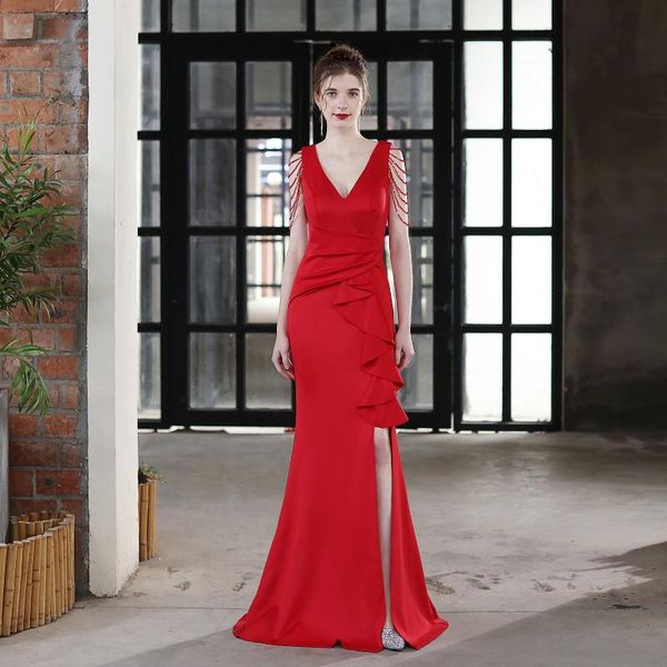 party dresses slim v-neck high split ruffles mermaid evening dress sleeveless ruched backless patchwork solid color birthday gowns, White;black
party dresses slim v-neck high split ruffles mermaid evening dress sleeveless ruched backless patchwork solid color birthday gowns, White;black