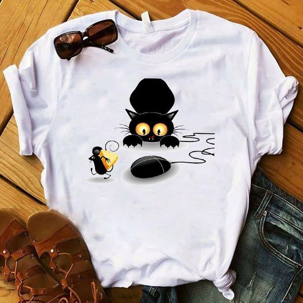 cat mouse printed short sleeve womens loose tee clothes graphic, White 
cat mouse printed short sleeve womens loose tee clothes graphic, White