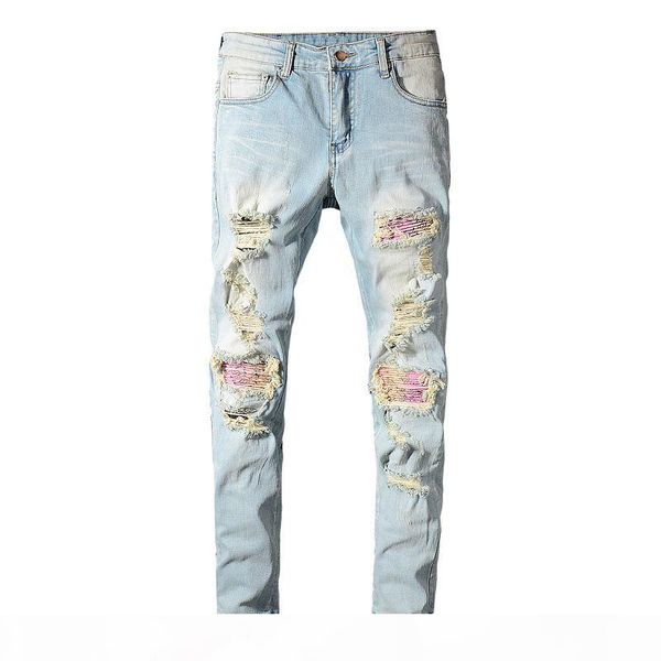 men's patchwork bandanna paisley printed biker jeans light blue holes ripped skinny stretch denim pants trousers
men's patchwork bandanna paisley printed biker jeans light blue holes ripped skinny stretch denim pants trousers