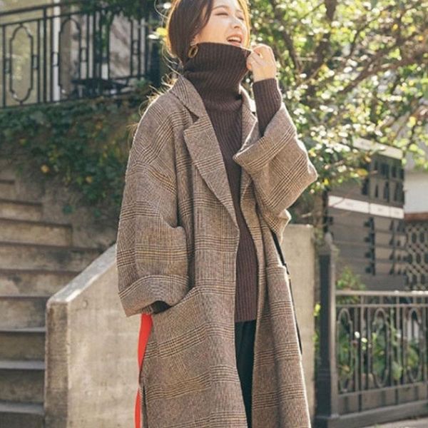 women's wool & blends brand women coat fashion lapel autumn long plaid coats office work ladies loose woolen jacket winter cashmere, Black
women's wool & blends brand women coat fashion lapel autumn long plaid coats office work ladies loose woolen jacket winter cashmere, Black