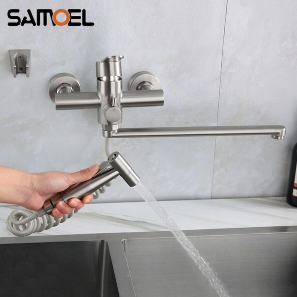 stainless steel brushed wall-mounted dual hole multifunctional kitchen sink and bathtub faucet mixer tap with long spout bf1031
stainless steel brushed wall-mounted dual hole multifunctional kitchen sink and bathtub faucet mixer tap with long spout bf1031