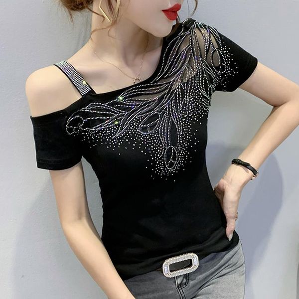 women's t-shirt summer off the shoulder black t shirt drilling women patchwork short-sleeved lady, White
women's t-shirt summer off the shoulder black t shirt drilling women patchwork short-sleeved lady, White