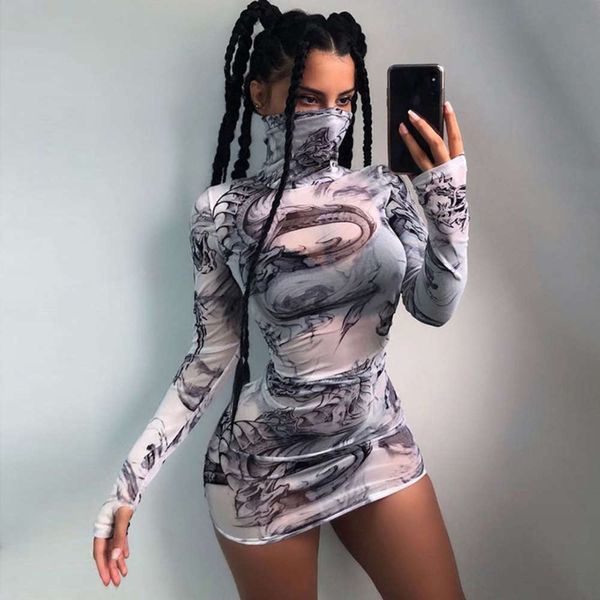 wind new women's in autumn and winter of 2019 round neck long sve printing perspective gauze slim dress, White
wind new women's in autumn and winter of 2019 round neck long sve printing perspective gauze slim dress, White