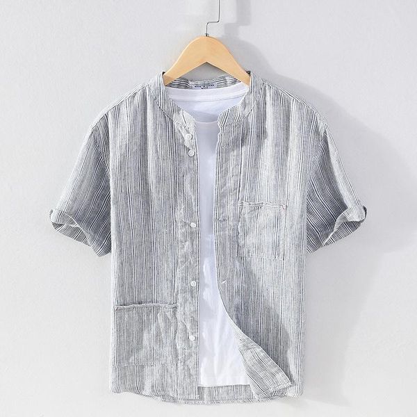 men's casual shirts thin linen striped men stand collar short sleeve single breasted pockets fashion outwear male summer, White;black
men's casual shirts thin linen striped men stand collar short sleeve single breasted pockets fashion outwear male summer, White;black