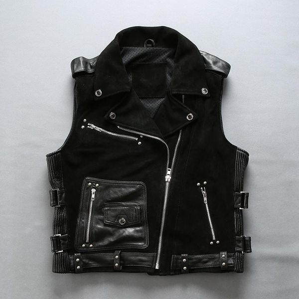 men's leather & faux fashion genuine men slim fit cowskin motorcycle biker vest turn-down collar short coat, Black
men's leather & faux fashion genuine men slim fit cowskin motorcycle biker vest turn-down collar short coat, Black