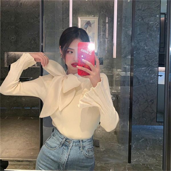 women's sweaters 2021 women pullovers sweater korean elegant bow lacing knitted fashion bottoming jumper office ladies h1075, White;black
women's sweaters 2021 women pullovers sweater korean elegant bow lacing knitted fashion bottoming jumper office ladies h1075, White;black