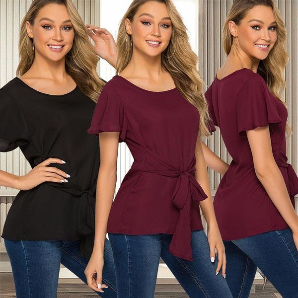 solid color loose blouse with belt streetwear female o-neck short sleeve blouse fashion women shirt, White
solid color loose blouse with belt streetwear female o-neck short sleeve blouse fashion women shirt, White