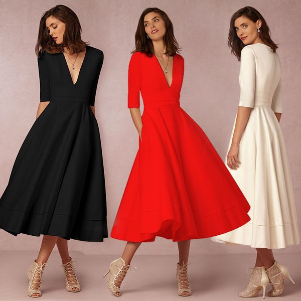 vintge tea length a-line prom dresses with pockets 2021 v neck simple satin formal evening gowns homecoming dress half sleeve, Black
vintge tea length a-line prom dresses with pockets 2021 v neck simple satin formal evening gowns homecoming dress half sleeve, Black