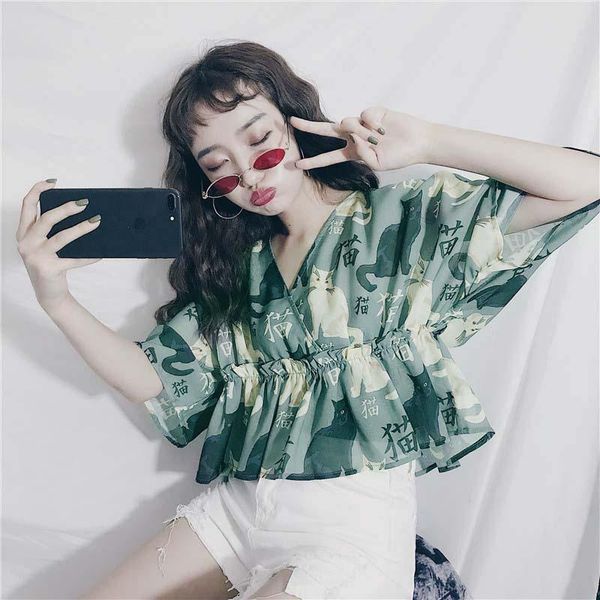 women's blouses & shirts japan style cat print v-neck short sleeve chiffon shirt retro student summer 2021 harajuku women blouse, White
women's blouses & shirts japan style cat print v-neck short sleeve chiffon shirt retro student summer 2021 harajuku women blouse, White