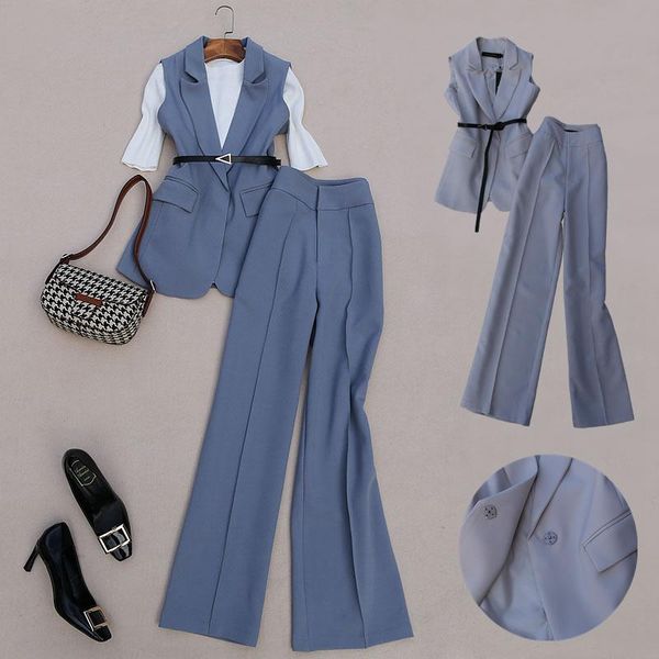 women's two piece pants spring summer chic office lady belted waist suit vest and wide leg clothing set, White
women's two piece pants spring summer chic office lady belted waist suit vest and wide leg clothing set, White