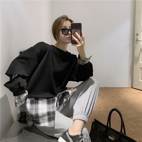2021 new korean style niche design sense loose and thin round neck pullover stitching plaid plus veet fake two-piece sweatshirt upol, Black
2021 new korean style niche design sense loose and thin round neck pullover stitching plaid plus veet fake two-piece sweatshirt upol, Black
