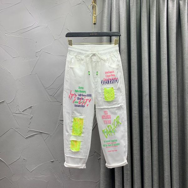 women's jeans european street style white denim pants harem ankle length yellow sequins coloful letters print black high waisted women, Blue
women's jeans european street style white denim pants harem ankle length yellow sequins coloful letters print black high waisted women, Blue