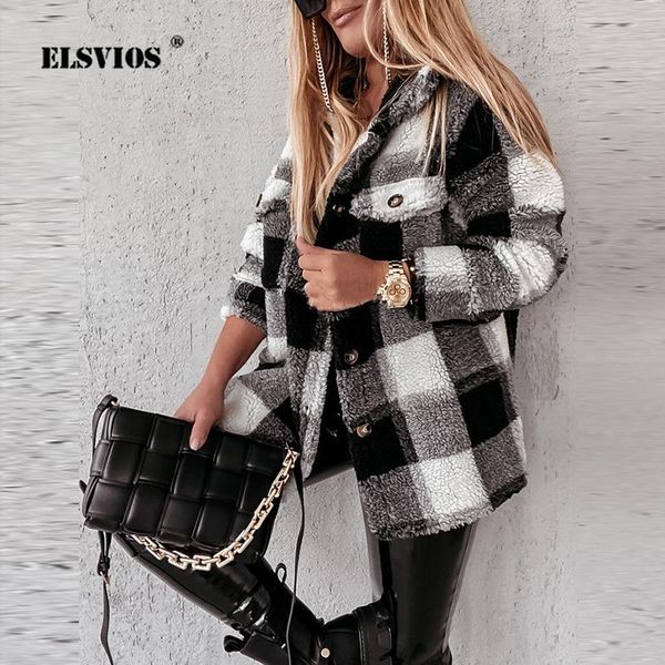 women's wool & blends winter furry soft female coats turn-down collar double pocket buttons loose lattice print patchwork jacket women, Black
women's wool & blends winter furry soft female coats turn-down collar double pocket buttons loose lattice print patchwork jacket women, Black