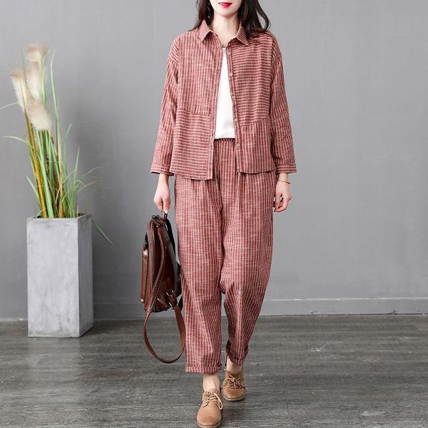 women's tracksuits arrival 2021 spring korea fashion women long sleeve shirt elastic waist loose pant suit cotton linen stripe 2 peice, Gray
women's tracksuits arrival 2021 spring korea fashion women long sleeve shirt elastic waist loose pant suit cotton linen stripe 2 peice, Gray