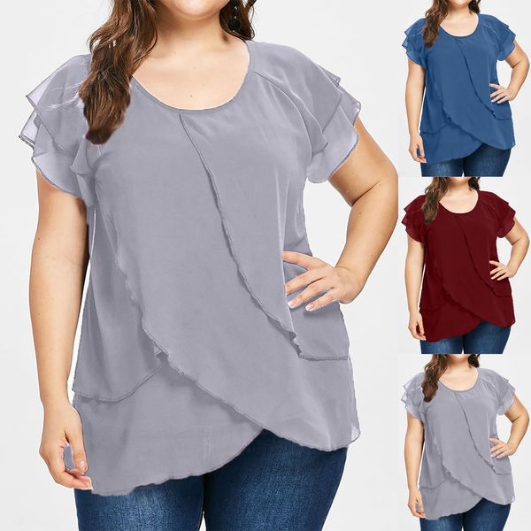 european and american large women's wear solid color chiffon round neck multi-layer splicing short sleeve split hem top, White
european and american large women's wear solid color chiffon round neck multi-layer splicing short sleeve split hem top, White