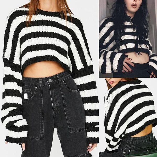 vintage striped gothic sweaters punk style oversize long sleeve o-neck women pullovers fashion autumn streetwear, White;black
vintage striped gothic sweaters punk style oversize long sleeve o-neck women pullovers fashion autumn streetwear, White;black