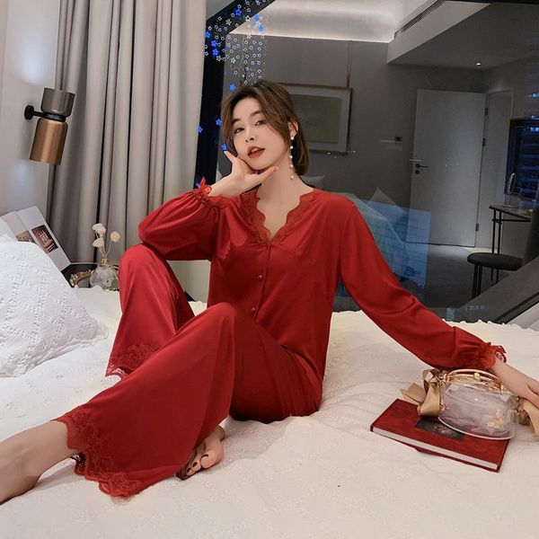 women's sleepwear lace pajamas brand fashion home wear spring pure color two-piece ice silk long sleeve, Black;red
women's sleepwear lace pajamas brand fashion home wear spring pure color two-piece ice silk long sleeve, Black;red