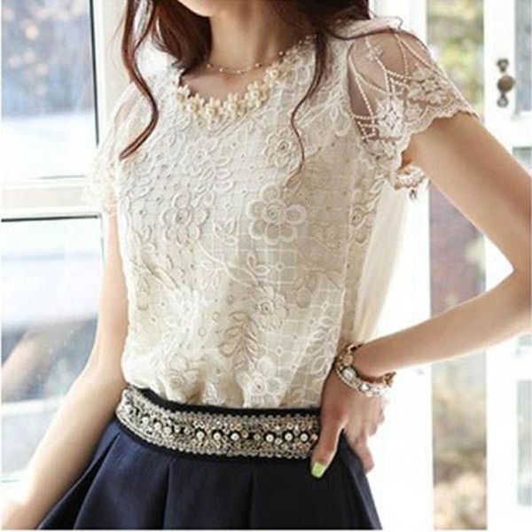 woman t shirt slim flower lace short sleeve camiseta fashion round neck perspective simple female clothing, White
woman t shirt slim flower lace short sleeve camiseta fashion round neck perspective simple female clothing, White