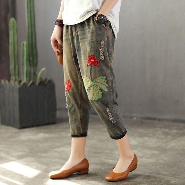 women's jeans qpfjqd vintage embroidered woman elastic waist 3d flowers patchwork harem trousers female casual denim pants spring summe, Blue
women's jeans qpfjqd vintage embroidered woman elastic waist 3d flowers patchwork harem trousers female casual denim pants spring summe, Blue