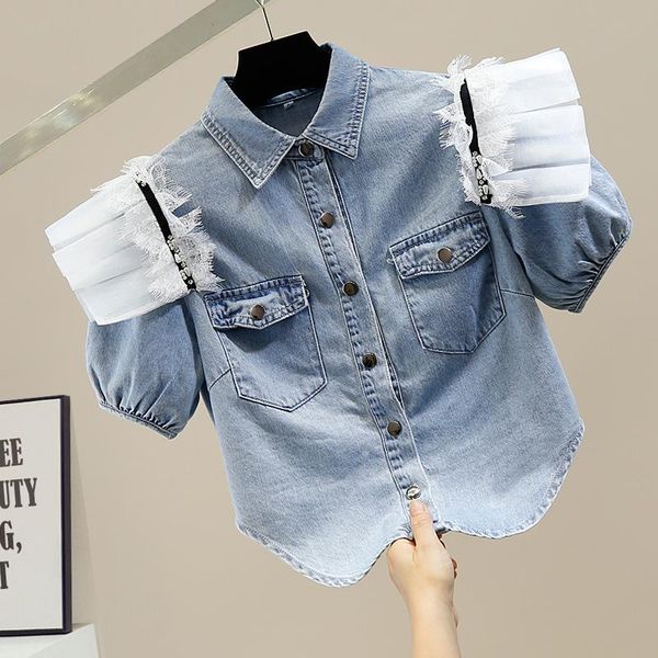 women's jackets summer jean bloues for women beads sweet lace stitching short sleeve jeans shirt irregular single breasted denim jacket, Black;brown
women's jackets summer jean bloues for women beads sweet lace stitching short sleeve jeans shirt irregular single breasted denim jacket, Black;brown