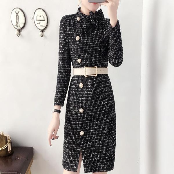 casual dresses autumn winter dress women fashion wool tweed elegant side split belted vestidos female office work robes, Black;gray
casual dresses autumn winter dress women fashion wool tweed elegant side split belted vestidos female office work robes, Black;gray