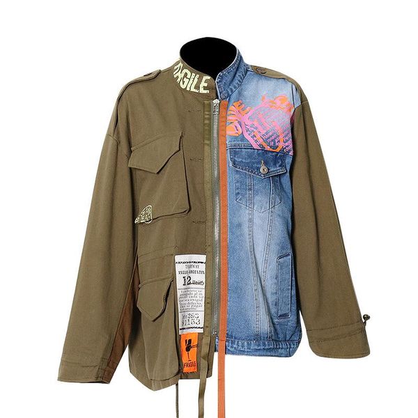women's jackets street hipster 2021 summer irregular stitching stand collar zipper pocket personality denim jacket, Black;brown
women's jackets street hipster 2021 summer irregular stitching stand collar zipper pocket personality denim jacket, Black;brown