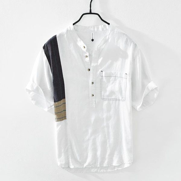 men's casual shirts summer stitching linen short-sleeved collared shirt youth thin top, White;black
men's casual shirts summer stitching linen short-sleeved collared shirt youth thin top, White;black