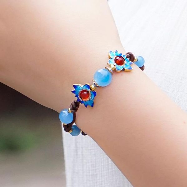 link, chain ethnic style bracelet original cloisonne lotus chalcedony adjustable size, Black
link, chain ethnic style bracelet original cloisonne lotus chalcedony adjustable size, Black